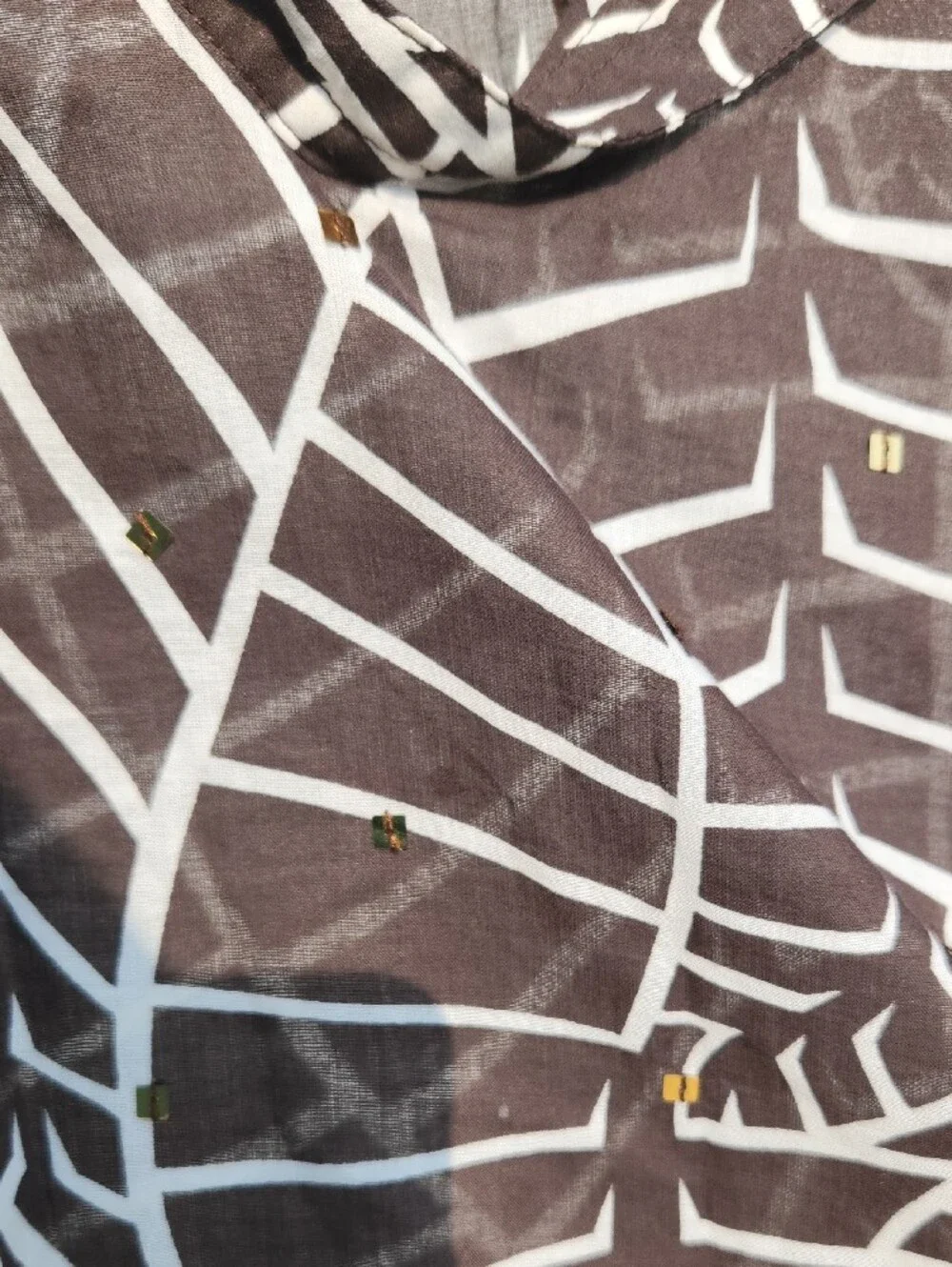 Tory Burch Brown & White Leaf-Print Long-Sleeve Blouse with Gold Accents